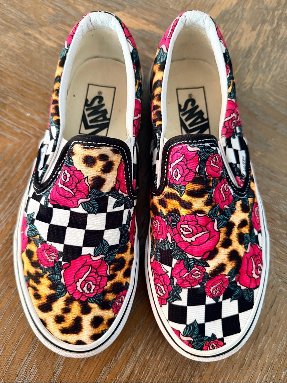 Vans Slip-On Floral Leopard Checkerboard Sneakers - Res Roses- Like New- Women 7